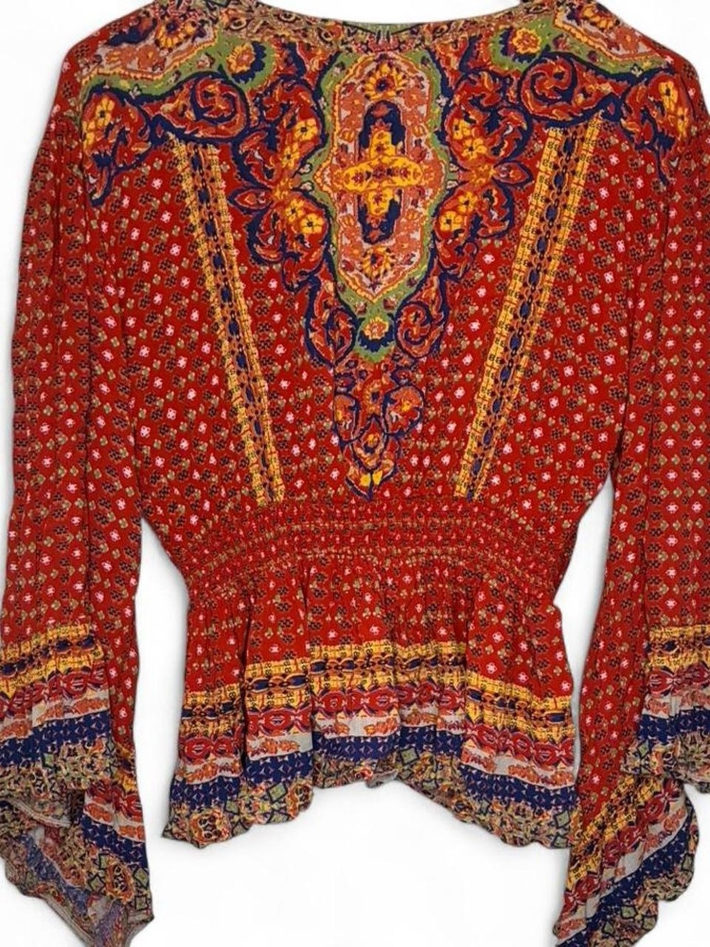 Angie Boho Bell Sleeve Peasant Top Size M Festival Hippie Rayon Blouse - Picture 5 of 5